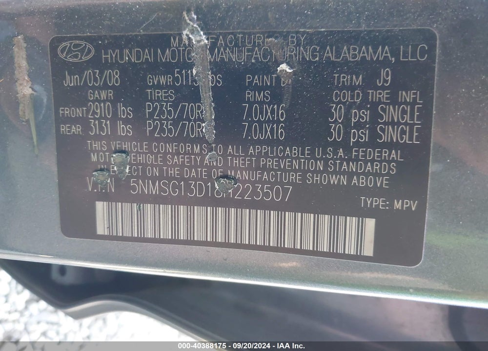 2008 HYUNDAI SANTA FE GLS VIN: 5NMSG13D18H223507