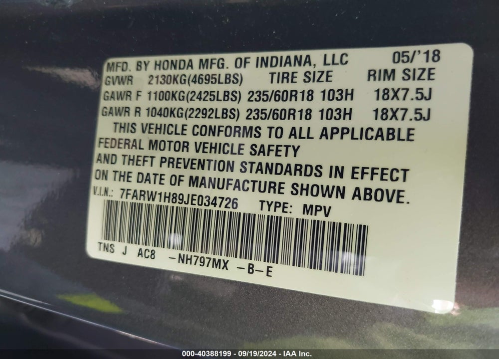 2018 HONDA CR-V EX-L/EX-L NAVI VIN: 7FARW1H89JE034726