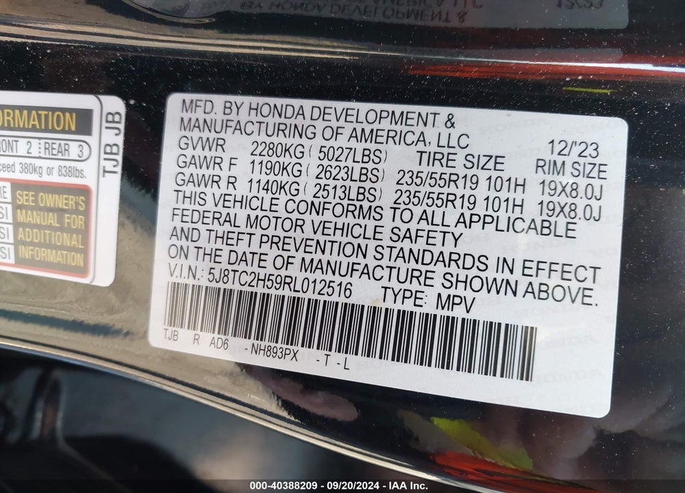 2024 ACURA RDX TECHNOLOGY PACKAGE VIN: 5J8TC2H59RL012516