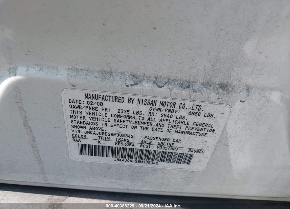 2008 INFINITI EX35 JOURNEY VIN: JNKAJ09E28M305342