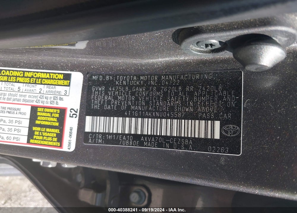 2022 TOYOTA CAMRY SE VIN: 4T1G11AKXNU045587