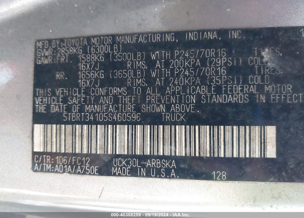 2005 TOYOTA TUNDRA SR5 V8 VIN: 5TBRT34105S460596
