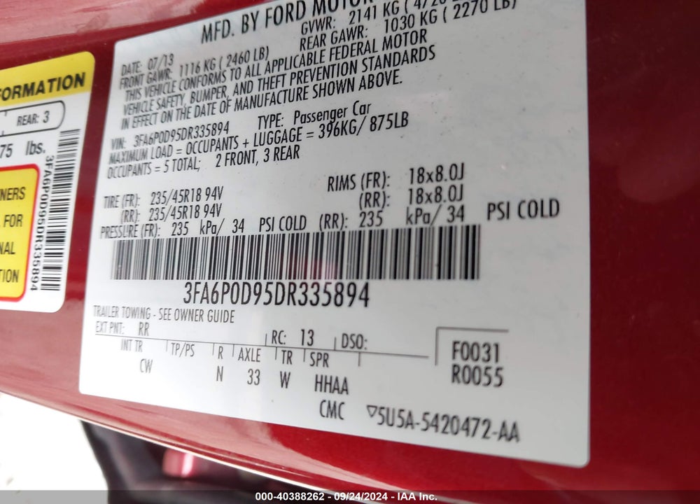 2013 FORD FUSION TITANIUM VIN: 3FA6P0D95DR335894