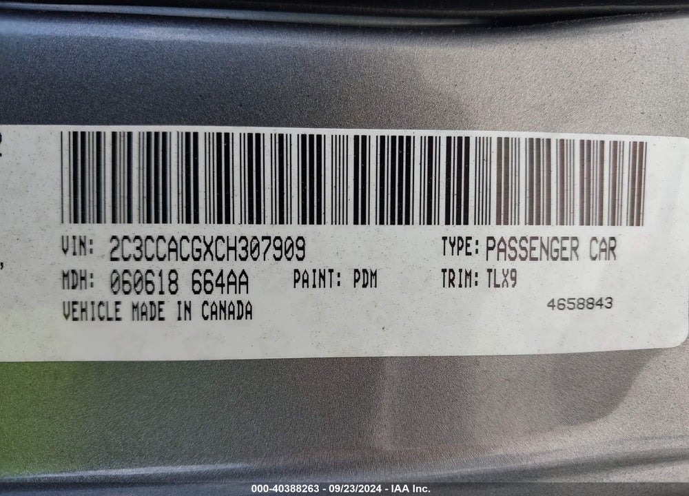 2012 CHRYSLER 300 LIMITED VIN: 2C3CCACGXCH307909