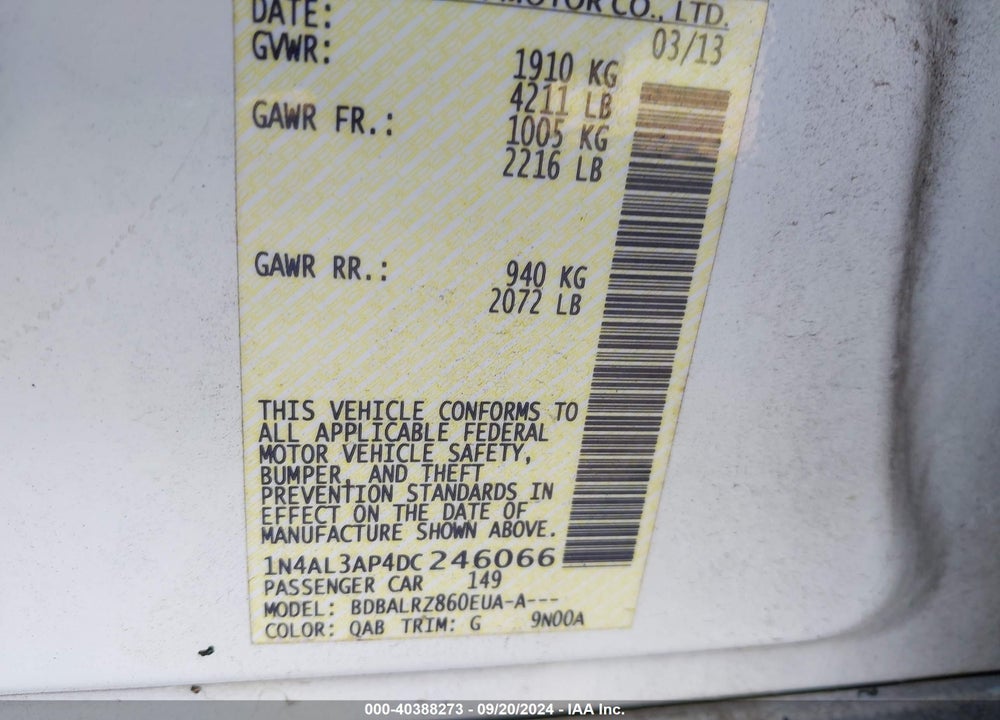 2013 NISSAN ALTIMA 2.5 S VIN: 1N4AL3AP4DC246066