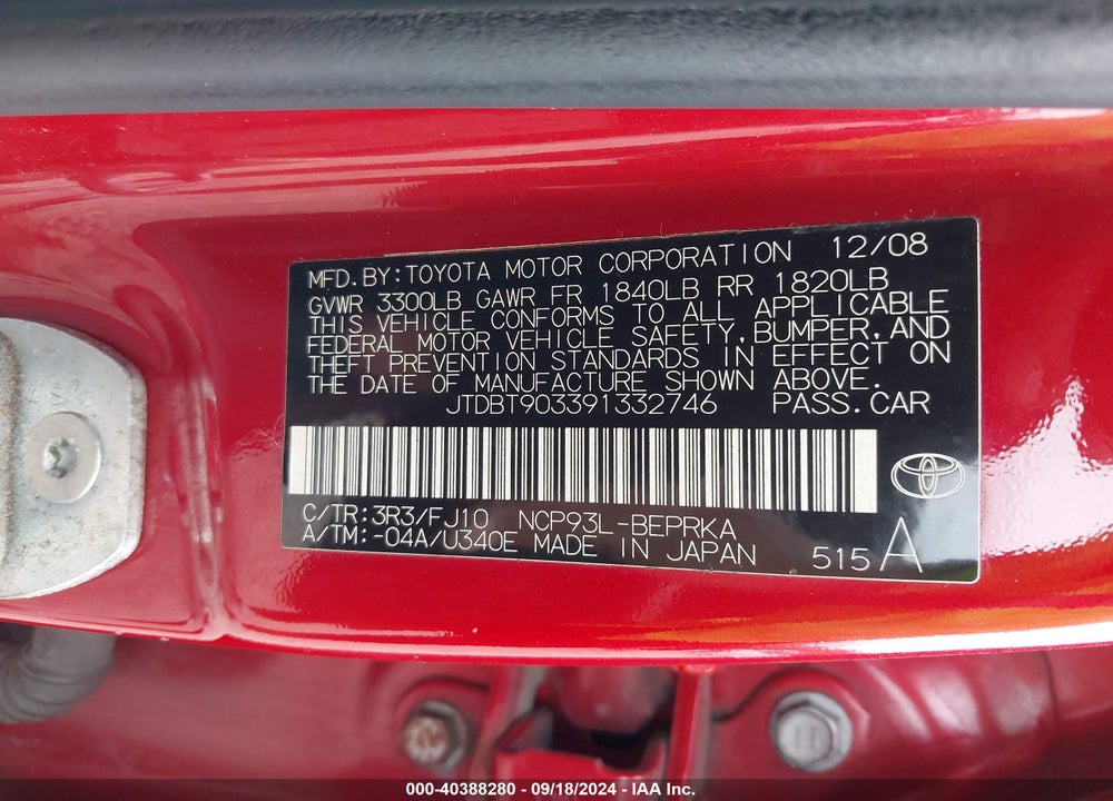 2009 TOYOTA YARIS VIN: JTDBT903391332746