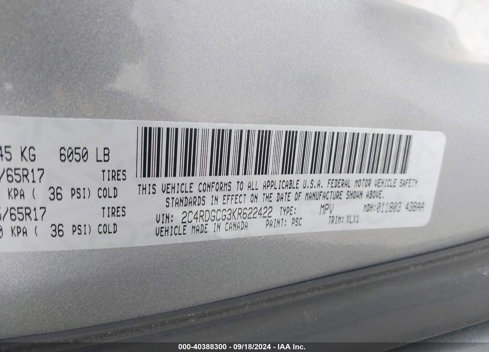 2019 DODGE GRAND CARAVAN SXT VIN: 2C4RDGCG3KR622422