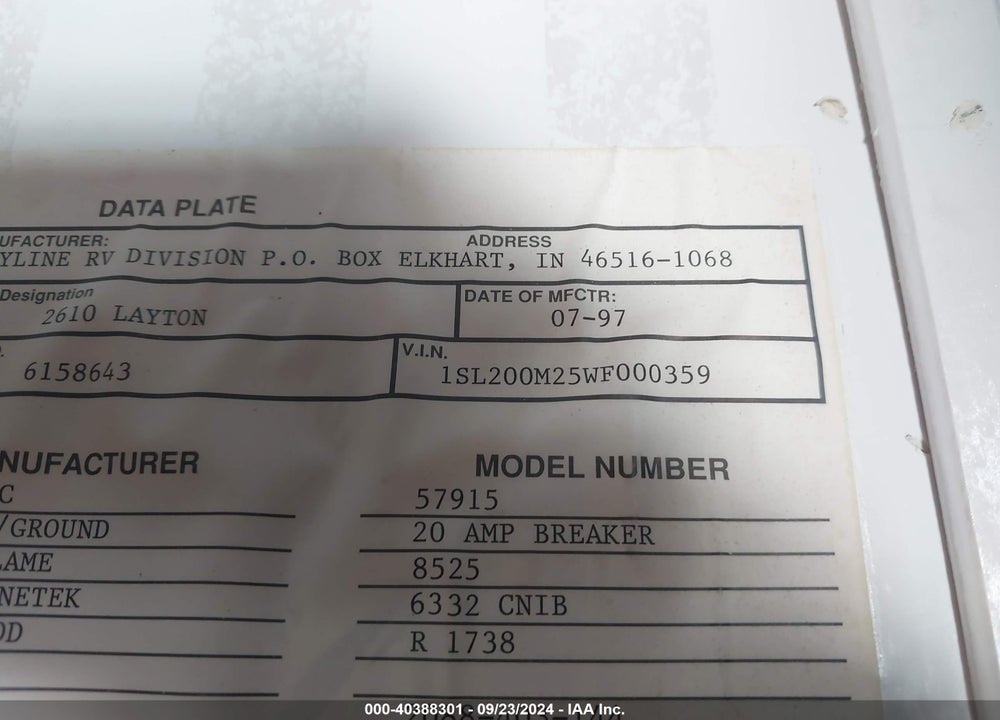 1998 SKYLINE LAYTON VIN: 1SL200M25WF000359