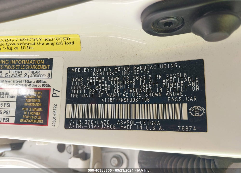 2015 TOYOTA CAMRY XLE VIN: 4T1BF1FK9FU961196