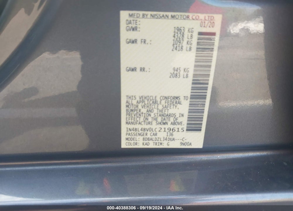 2020 NISSAN ALTIMA S FWD VIN: 1N4BL4BV0LC219615