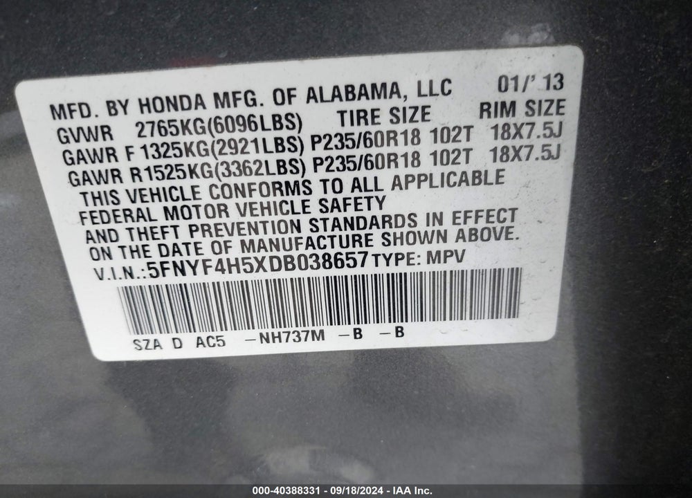 2013 HONDA PILOT EX-L VIN: 5FNYF4H5XDB038657