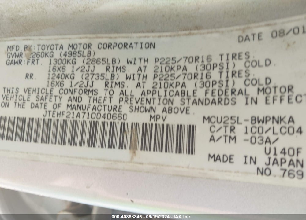 2001 TOYOTA HIGHLANDER V6 VIN: JTEHF21A710040660