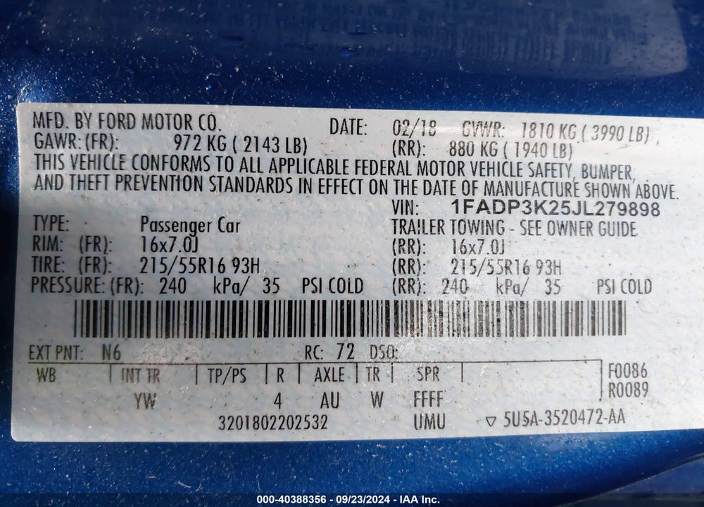 2018 FORD FOCUS SE VIN: 1FADP3K25JL279898