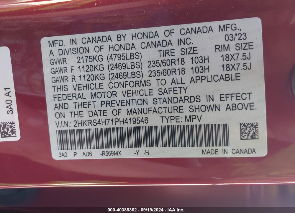 2023 HONDA CR-V EX-L AWD VIN: 2HKRS4H71PH419546