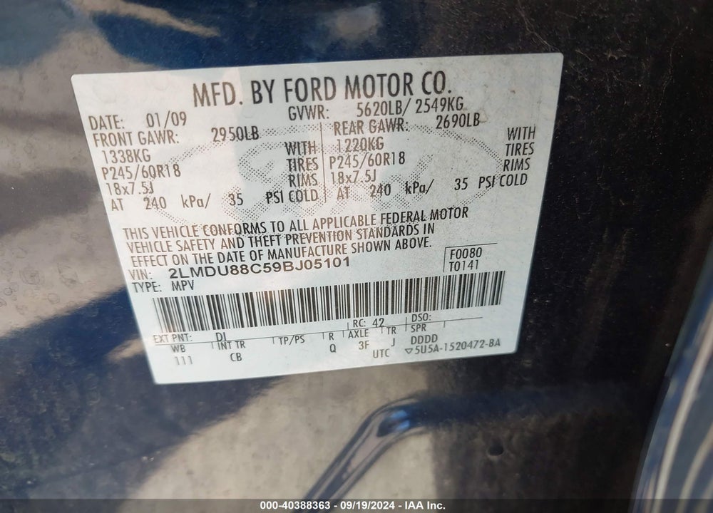 2009 LINCOLN MKX VIN: 2LMDU88C59BJ05101