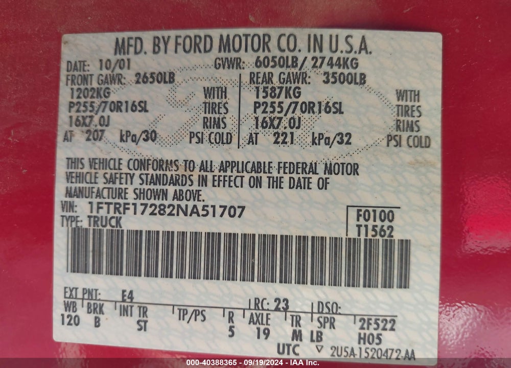 2002 FORD F-150 XL/XLT VIN: 1FTRF17282NA51707