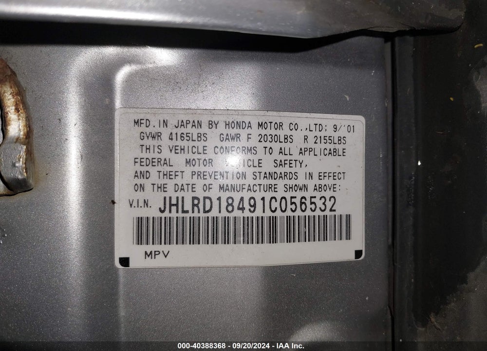 2001 HONDA CR-V LX VIN: JHLRD18491C056532
