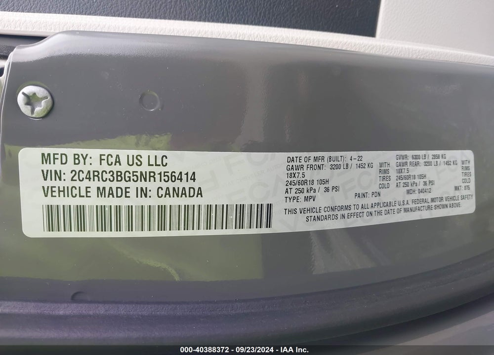2022 CHRYSLER PACIFICA TOURING L AWD VIN: 2C4RC3BG5NR156414