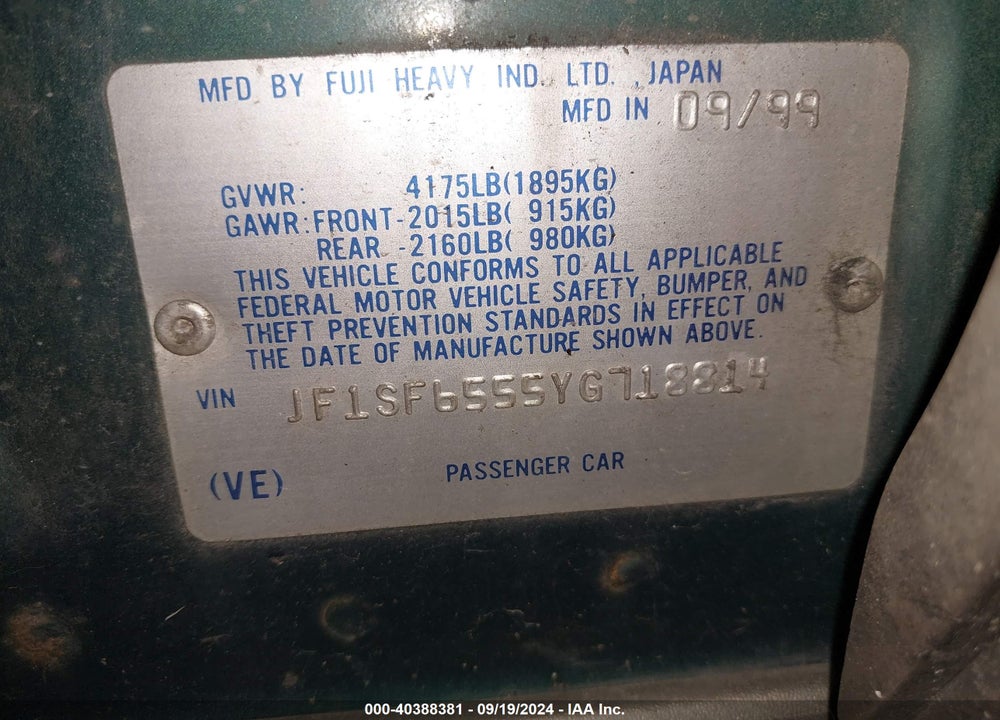 2000 SUBARU FORESTER S VIN: JF1SF6555YG718814