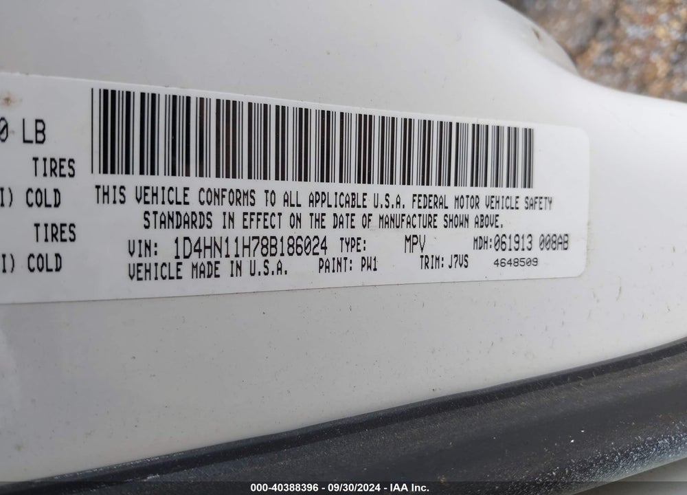 2008 DODGE GRAND CARAVAN CV VIN: 1D4HN11H78B186024