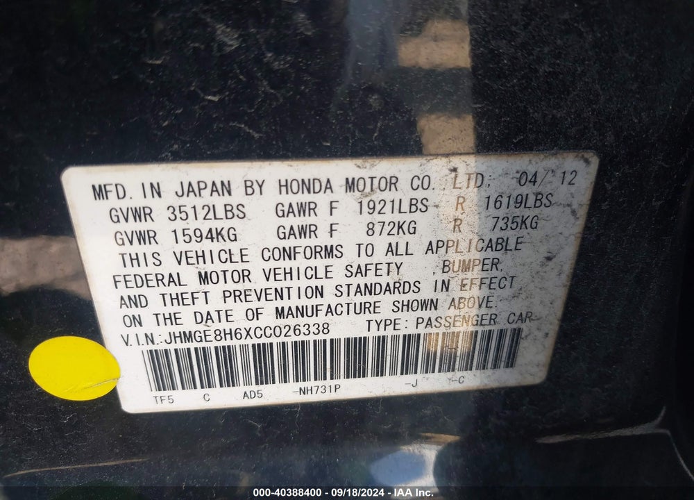 2012 HONDA FIT SPORT VIN: JHMGE8H6XCC026338