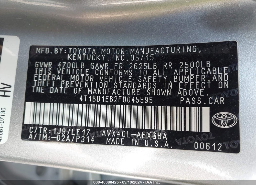 2015 TOYOTA AVALON HYBRID XLE TOURING VIN: 4T1BD1EB2FU045595