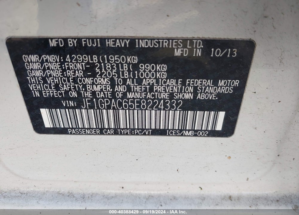 2014 SUBARU IMPREZA 2.0I PREMIUM VIN: JF1GPAC65E8224332