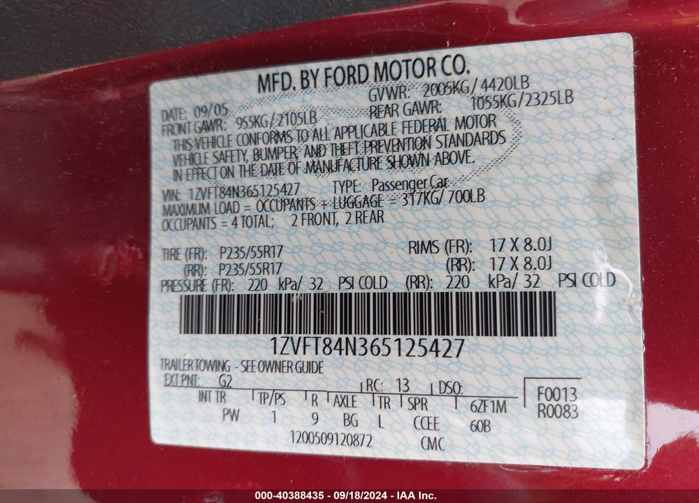 2006 FORD MUSTANG V6 VIN: 1ZVFT84N365125427