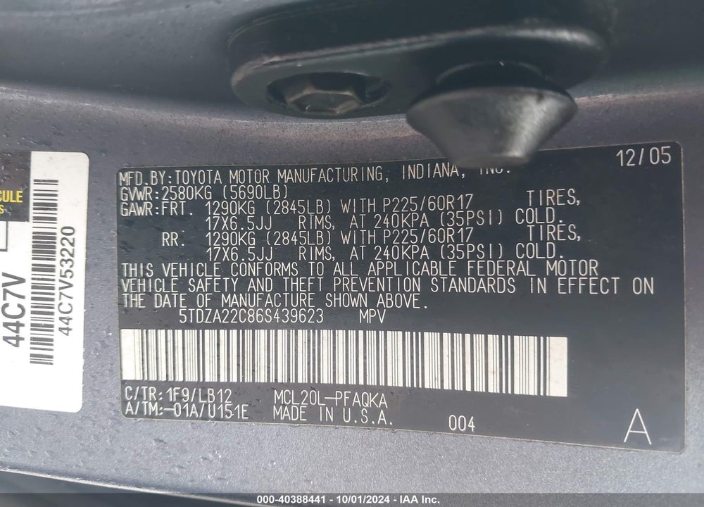 2006 TOYOTA SIENNA XLE VIN: 5TDZA22C86S439623