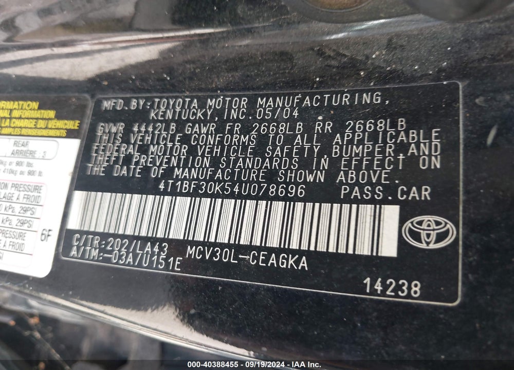 2004 TOYOTA CAMRY XLE V6 VIN: 4T1BF30K54U078696