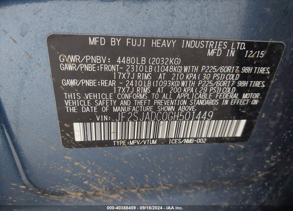 2016 SUBARU FORESTER 2.5I PREMIUM VIN: JF2SJADC0GH501449