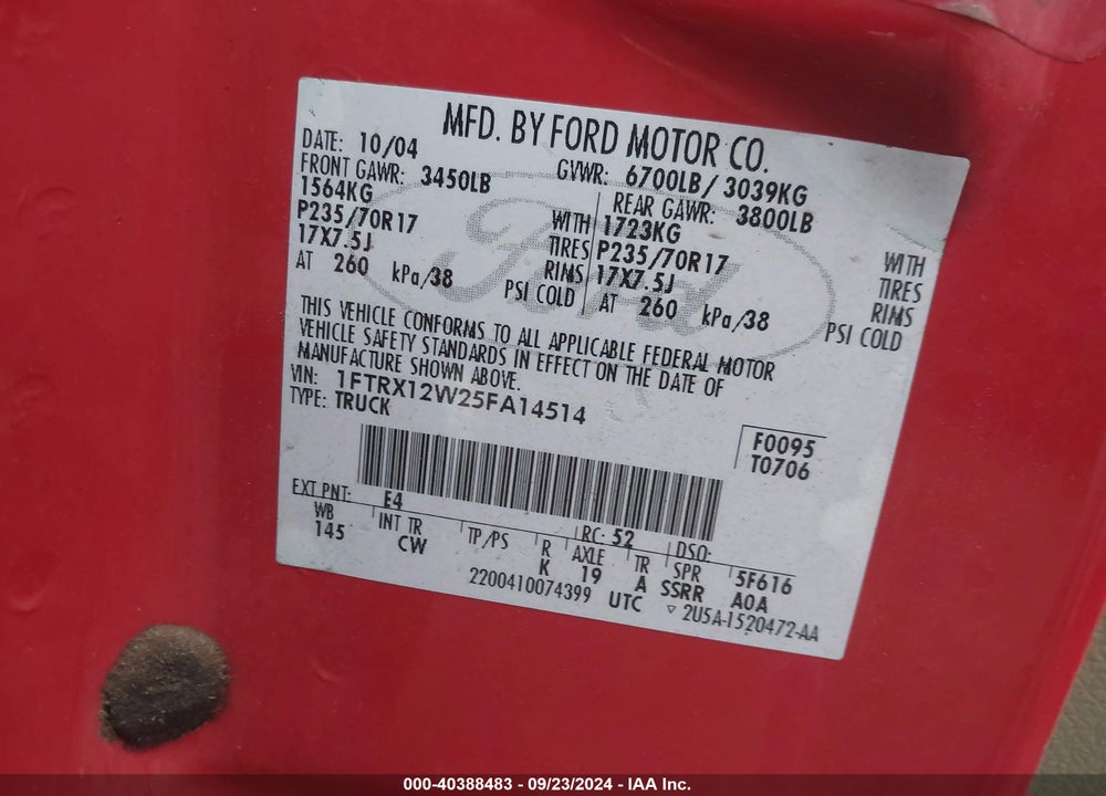 2005 FORD F-150 STX/XL/XLT VIN: 1FTRX12W25FA14514