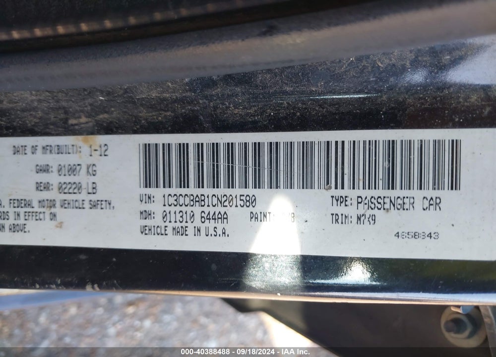 2012 CHRYSLER 200 LX VIN: 1C3CCBAB1CN201580