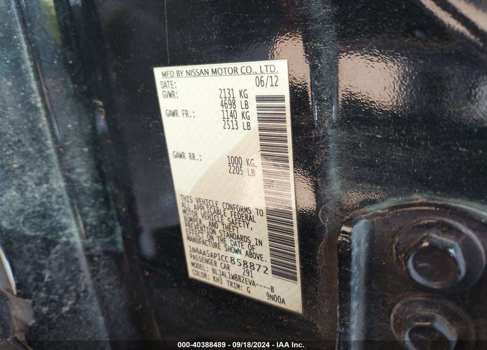 2012 NISSAN MAXIMA 3.5 SV VIN: 1N4AA5AP1CC858872