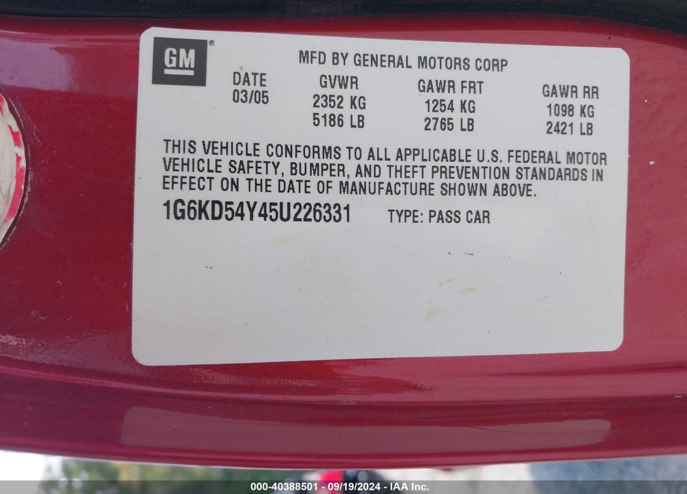 2005 CADILLAC DEVILLE VIN: 1G6KD54Y45U226331