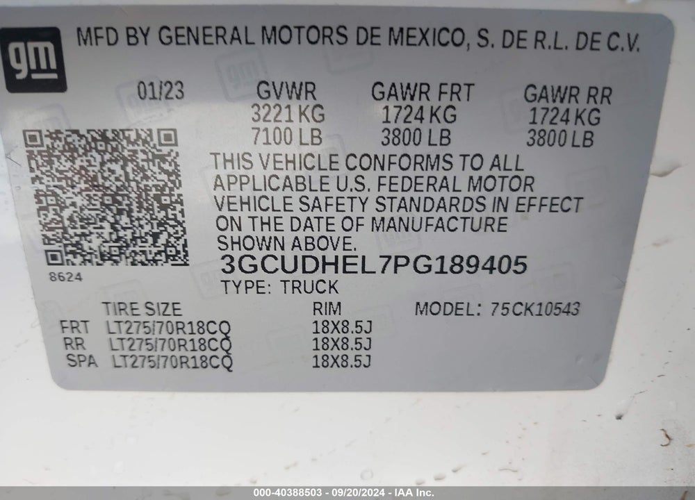 2023 CHEVROLET SILVERADO 1500 4WD SHORT BED ZR2 VIN: 3GCUDHEL7PG189405