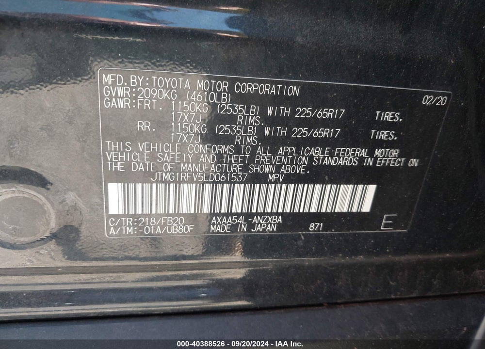 2020 TOYOTA RAV4 LE VIN: JTMG1RFV5LD061537