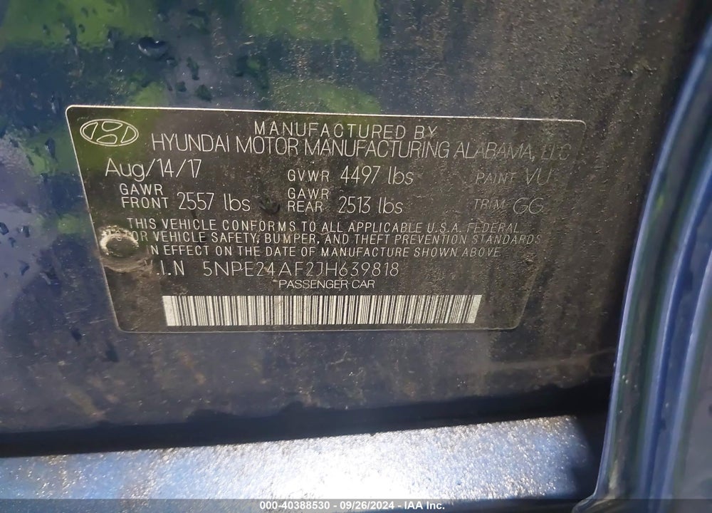 2018 HYUNDAI SONATA SE VIN: 5NPE24AF2JH639818