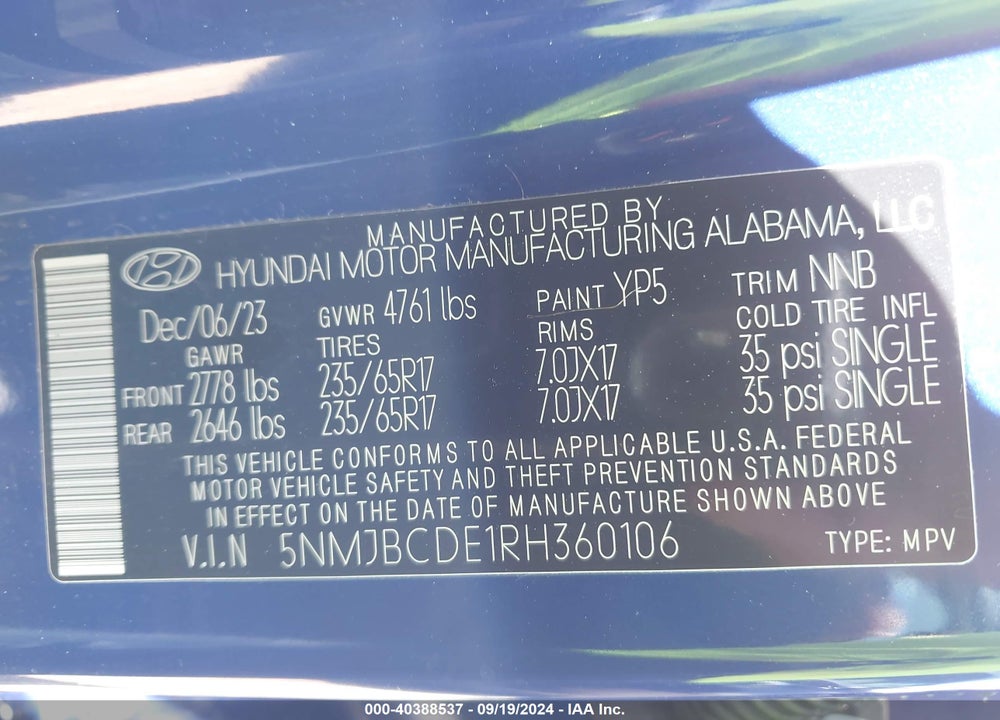2024 HYUNDAI TUCSON SEL VIN: 5NMJBCDE1RH360106