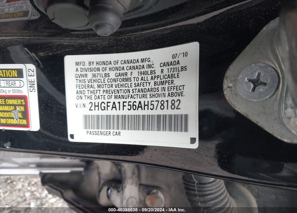 2010 HONDA CIVIC LX VIN: 2HGFA1F56AH578182