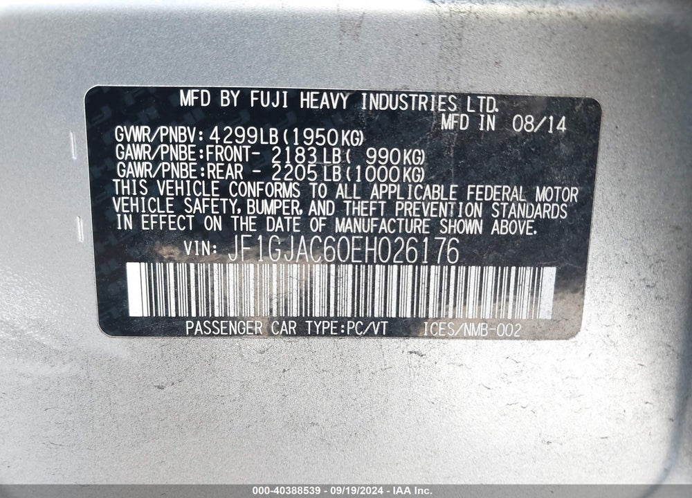 2014 SUBARU IMPREZA 2.0I PREMIUM VIN: JF1GJAC60EH026176