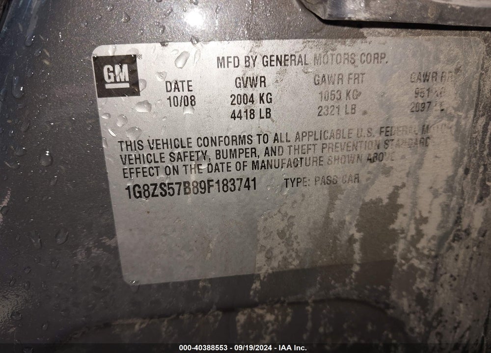 2009 SATURN AURA XE VIN: 1G8ZS57B89F183741