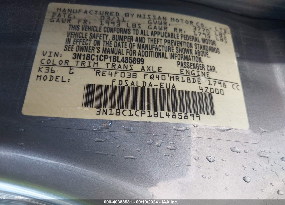 2011 NISSAN VERSA 1.8S VIN: 3N1BC1CP1BL485899