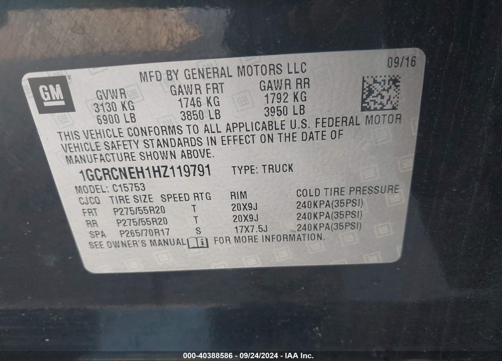 2017 CHEVROLET SILVERADO 1500 VIN: 1GCRCNEH1HZ119791