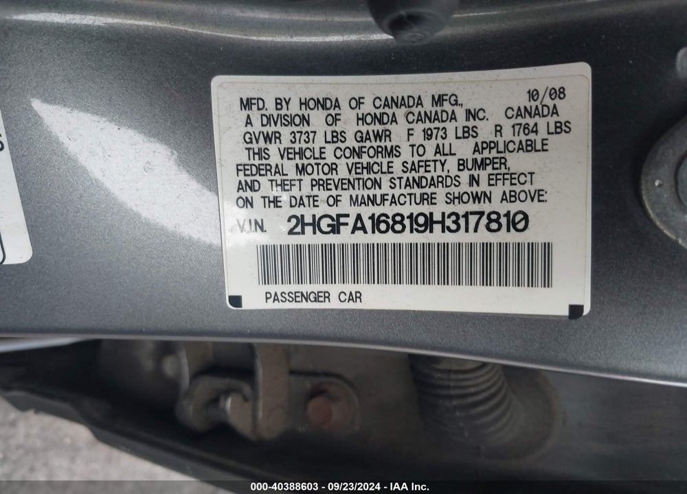 2009 HONDA CIVIC EX VIN: 2HGFA16819H317810