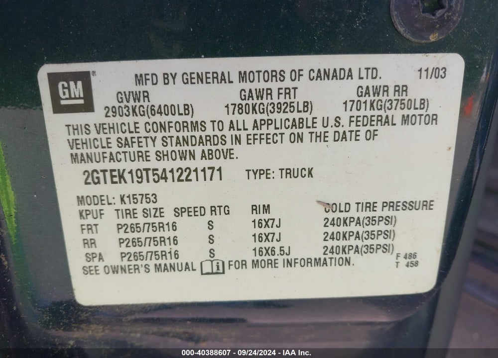 2004 GMC SIERRA 1500 SLE VIN: 2GTEK19T541221171