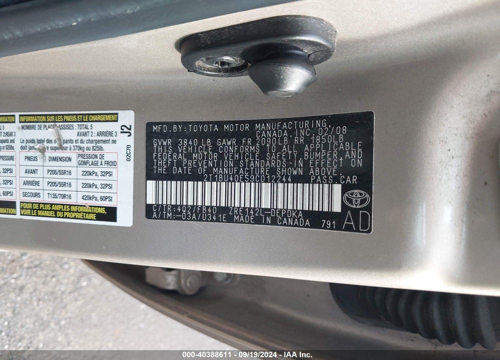 2009 TOYOTA COROLLA LE VIN: 2T1BU40E59C012244
