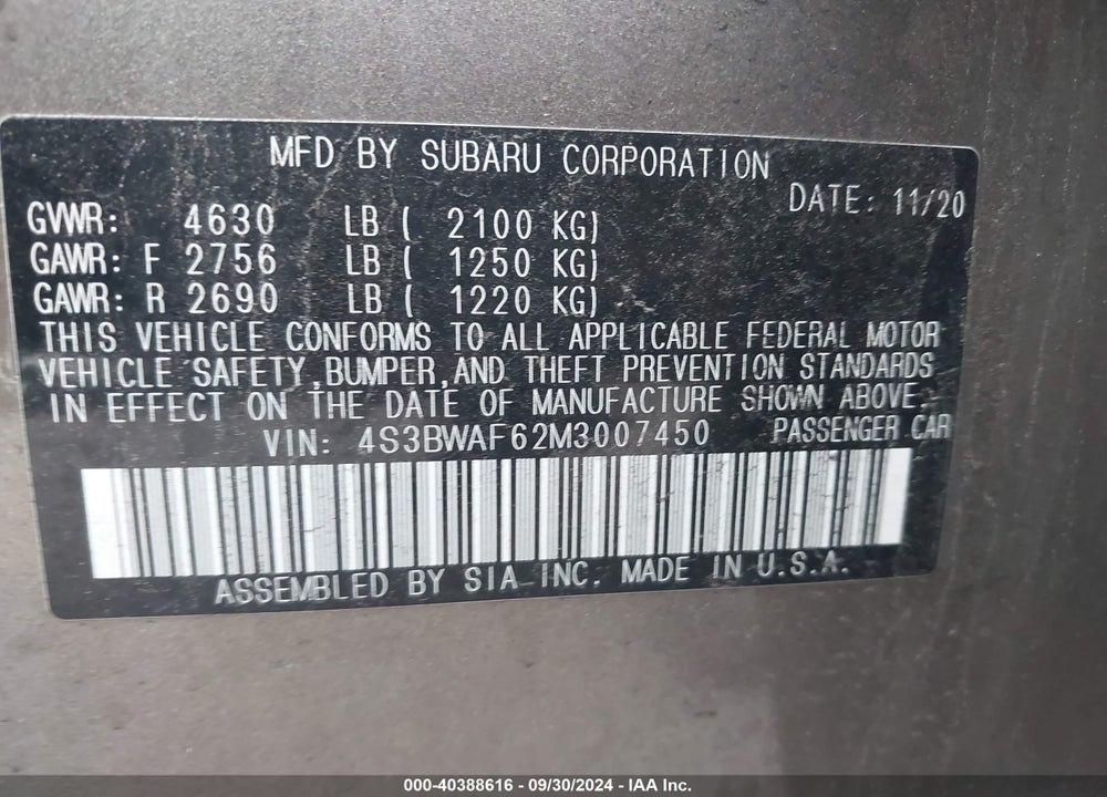 2021 SUBARU LEGACY PREMIUM VIN: 4S3BWAF62M3007450