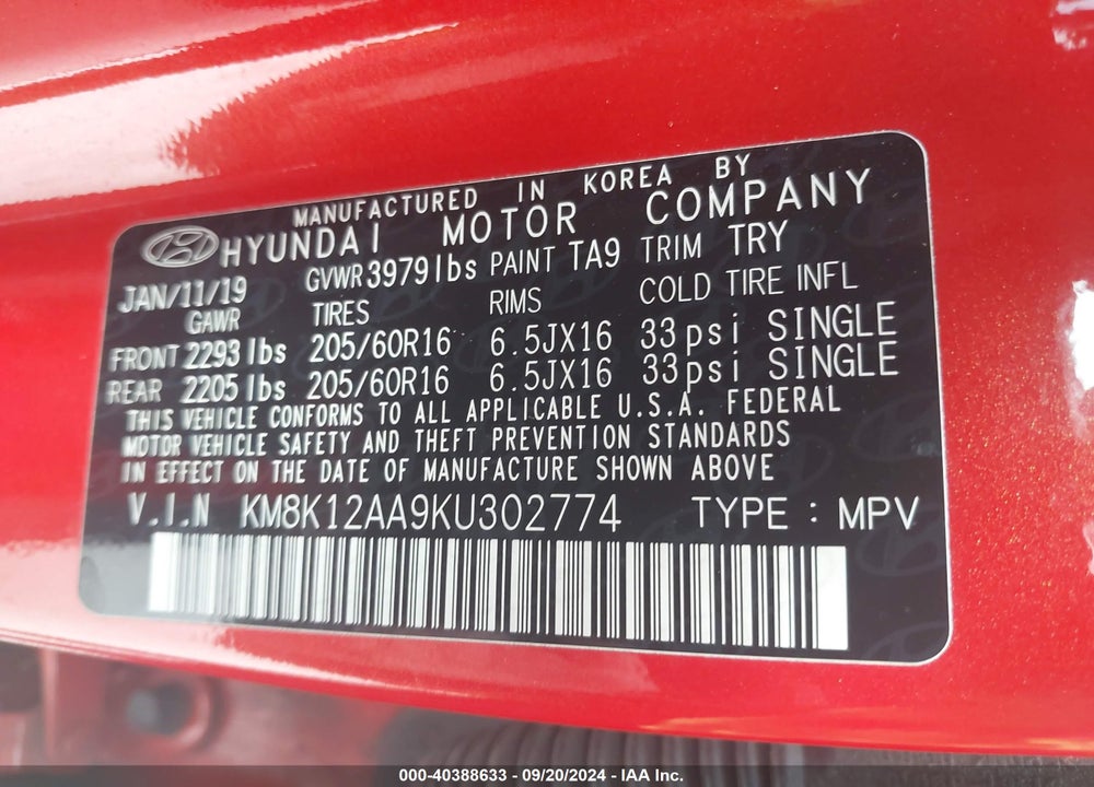 2019 HYUNDAI KONA SE VIN: KM8K12AA9KU302774
