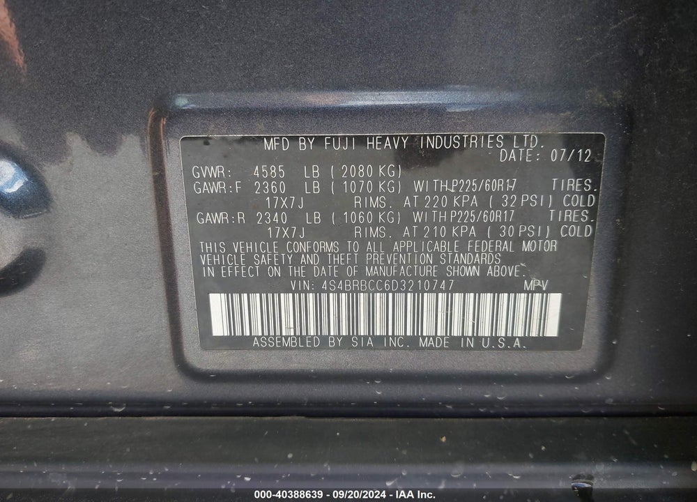 2013 SUBARU OUTBACK 2.5I PREMIUM VIN: 4S4BRBCC6D3210747